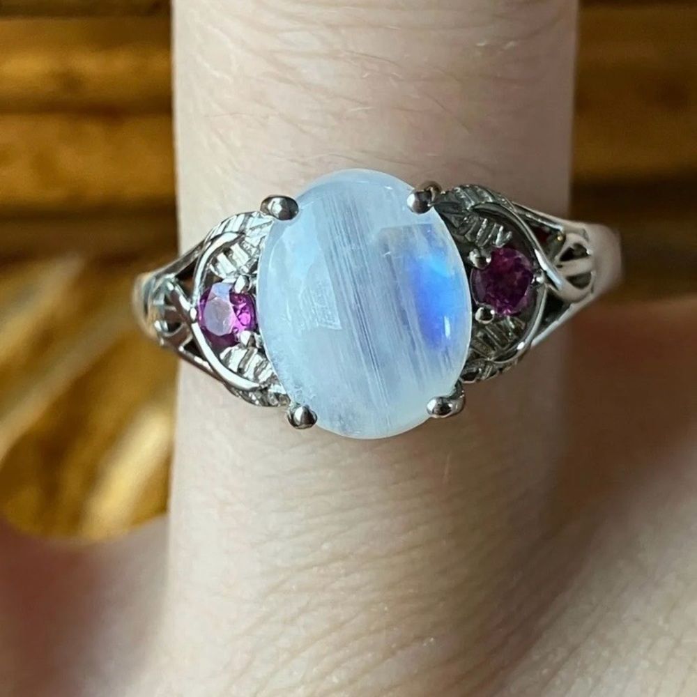 Rainbow Moonstone Garnet Sterling Silver Ring Size 7